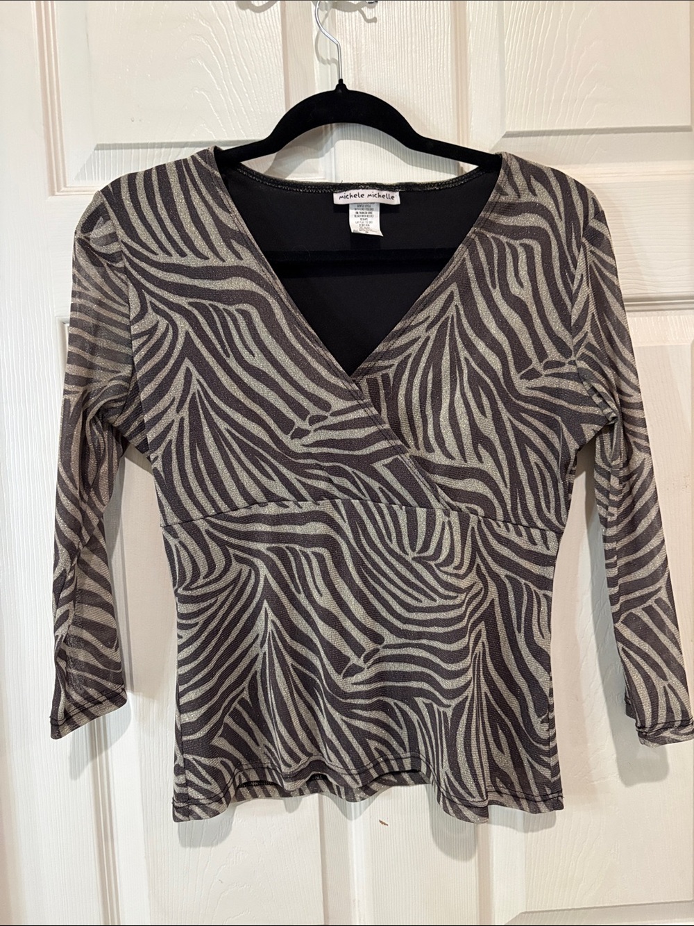 Vintage Sparkle Taupe & Black Zebra V-Neck Long Sleeve Top